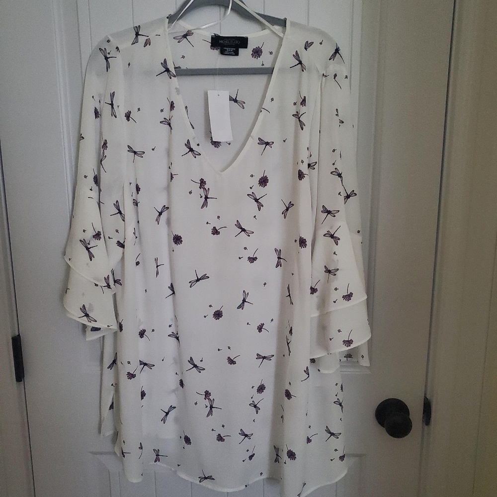NWT MICHEL STUDIO COLLECTION FLOWY TUNIC BLOUSE W/DRAGONFLY PRINT - SIZE 20